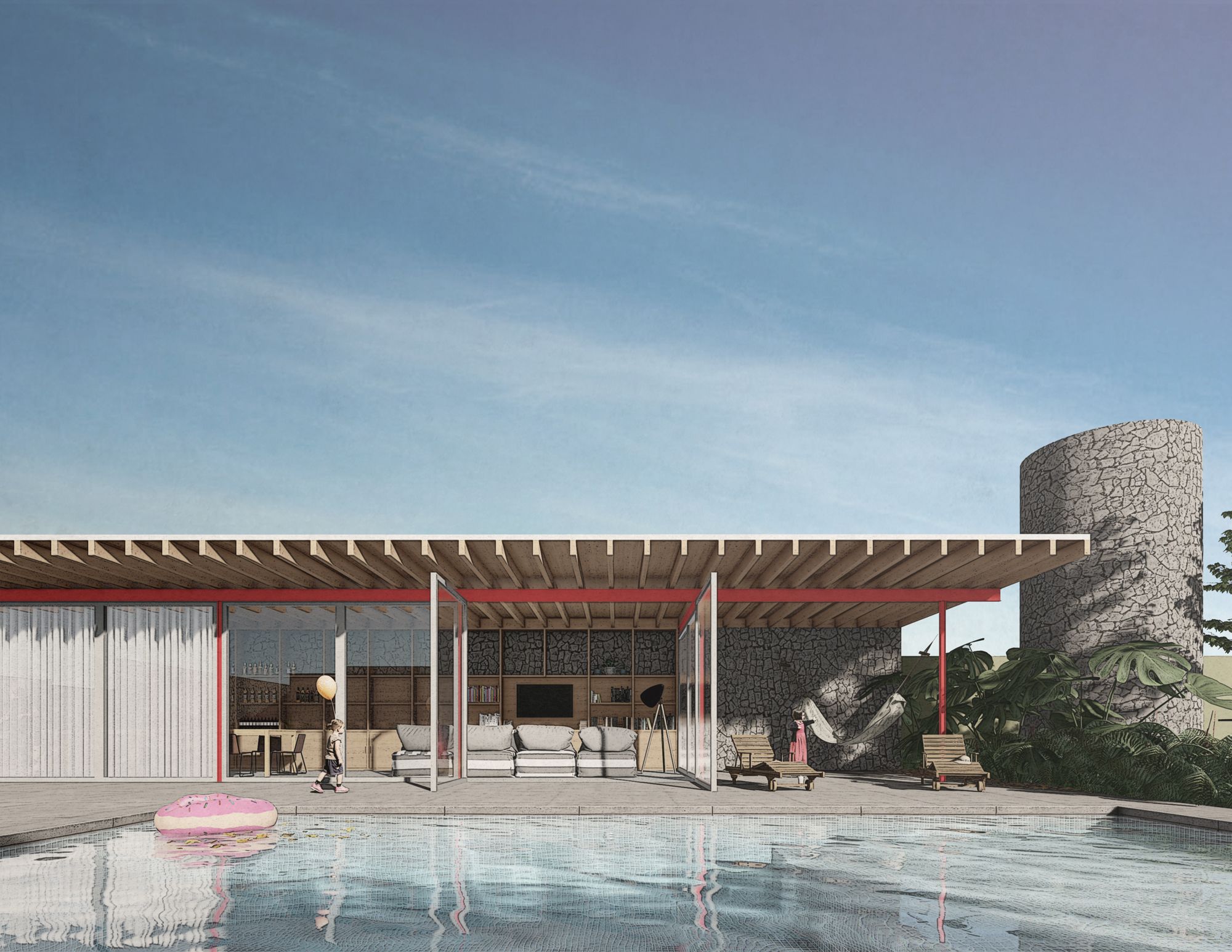 Proyecto de Architecture Room MX: pabellón con techo de vigas de madera, estructura roja y torre de piedra junto a la alberca